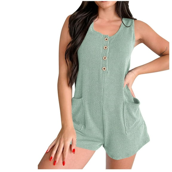 ABATAB Rompers for Women Button down Ribbed Sleeveless Jumpsuit Shorts Wide Leg Summer Casual Overalls with Pockets