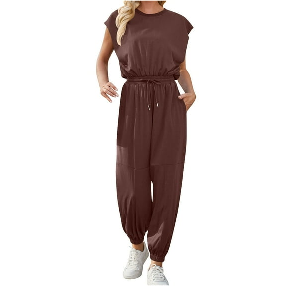 ABATAB Rompers for Women Cap Sleeve Round Neck Casual Jumpsuit Loose Fit Open Back Summer Onesie Atheletic Jumpsuit with Pockets