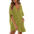 thumbnail image 1 of ABATAB Rompers for Women Half Sleeve V Neck Ruffle Jumpsuits Casual Dressy Loose Fit Solid Rompers with Pockets, 1 of 7