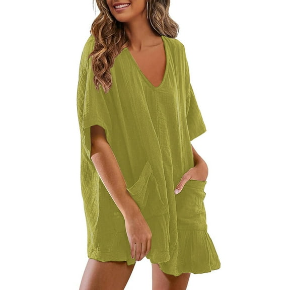 ABATAB Rompers for Women Half Sleeve V Neck Ruffle Jumpsuits Casual Dressy Loose Fit Solid Rompers with Pockets