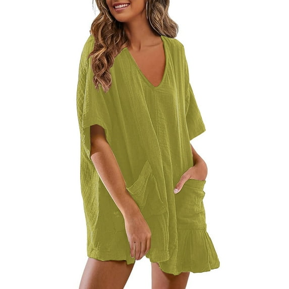 ABATAB Rompers for Women Half Sleeve V Neck Ruffle Jumpsuits Casual Dressy Loose Fit Solid Rompers with Pockets