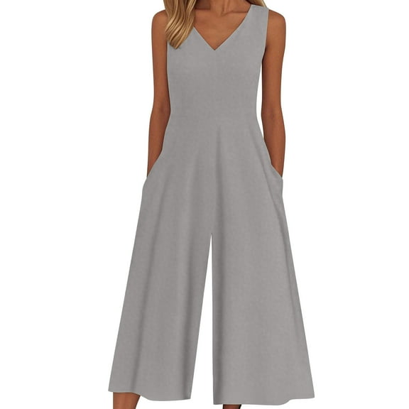 ABATAB Rompers for Women Loose Fit Wide Leg Jumpsuits with Pockets V Neck Casual Sleeveless Long Pants Rompers
