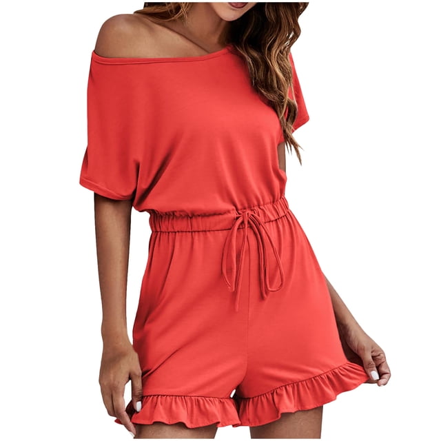 ABATAB Rompers for Women One off Shoulder Loose Jumpsuit Short Sleeve Ruffle Hem Wide Leg Summer Beach Vacation Romper