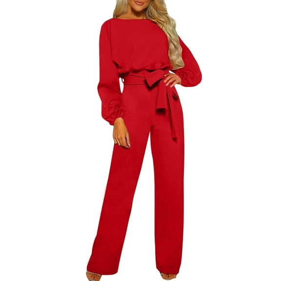 ABATAB Rompers for Women Round Neck Long Sleeve Bow Tie Goga Romper Wide Leg Long Pant Work Trendy Jumpsuit with Pockets