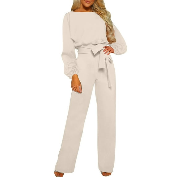 ABATAB Rompers for Women Round Neck Long Sleeve Bow Tie Goga Romper Wide Leg Long Pant Work Trendy Jumpsuit with Pockets