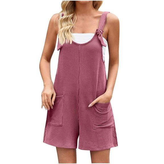 ABATAB Rompers for Women Summer Casual Sleeveless Adjustable Strap Jumpsuit Ribbed Shorts Overalls with Pockets