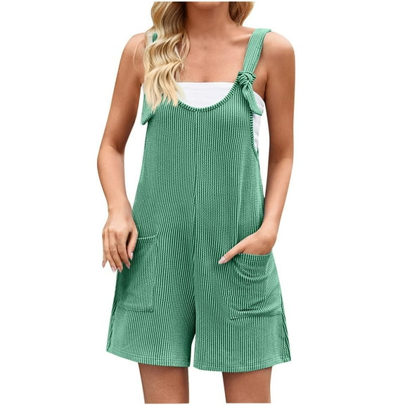 ABATAB Rompers for Women Summer Casual Sleeveless Adjustable Strap Jumpsuit Ribbed Shorts Overalls with Pockets