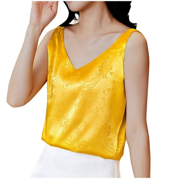 ABATAB Satin Tank Tops for Women Loose Fit Sleeveless V Neck Camisole Plain Flower Printed Blouses Leisure Shirt Tops