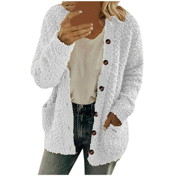 ABATAB Sherpa Sweater Cardigans for Women Plus Size Fuzzy Fleece Jackets with Pockets Long Sleeve Button down Coats Warm Winter Outerwear(X-Large,White 1)