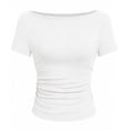 thumbnail image 1 of ABATAB Short Sleeve Tops for Women Boat Neck Ribbed Knit T-Shirts Slim Fit Ruched Tee Summer Thin Comfortable Clothes, 1 of 5