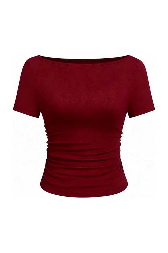 Short Sleeve Tops for Women Boat Neck Ribbed Knit T-Shirts Slim Fit Ruched Tee Summer Thin Comfortable Clothes