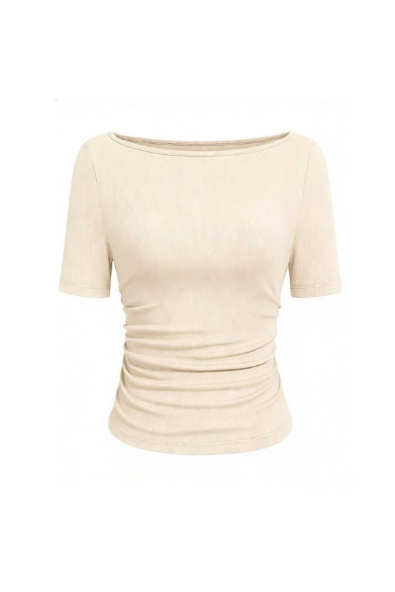 Short Sleeve Tops for Women Boat Neck Ribbed Knit T-Shirts Slim Fit Ruched Tee Summer Thin Comfortable Clothes