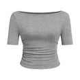 thumbnail image 1 of ABATAB Short Sleeve Tops for Women Boat Neck Ribbed Knit T-Shirts Slim Fit Ruched Tee Summer Thin Comfortable Clothes, 1 of 5