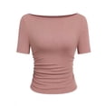 thumbnail image 1 of ABATAB Short Sleeve Tops for Women Boat Neck Ribbed Knit T-Shirts Slim Fit Ruched Tee Summer Thin Comfortable Clothes, 1 of 5