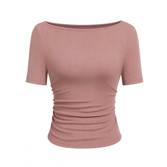 ABATAB Short Sleeve Tops for Women Boat Neck Ribbed Knit T-Shirts Slim Fit Ruched Tee Summer Thin Comfortable Clothes