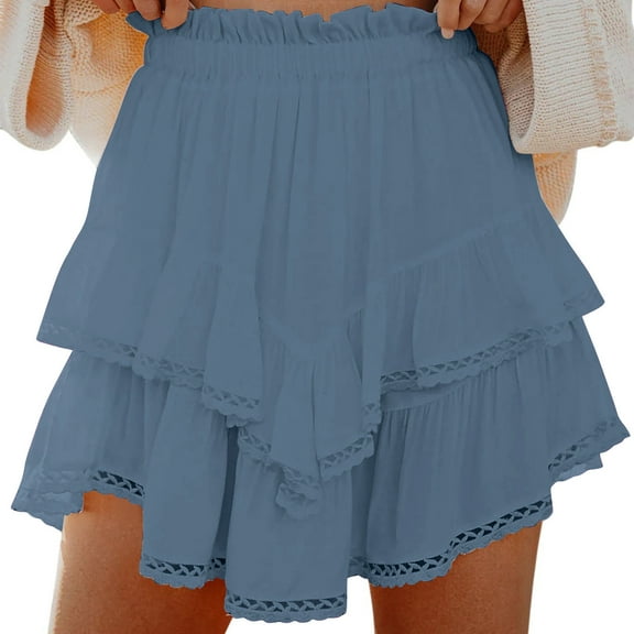ABATAB Skorts for Women Solid Color Boho Ruffled Tiered Mini Skirts Casual High Waist Comfy Flowy Shorts