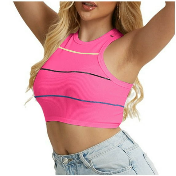 ABATAB Sport Bras for Women Striped Yoga Running Crew Neck Sleeveless Crop Tank Tops Fitness Exercise Workout T Shirt