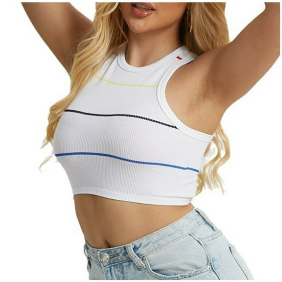 ABATAB Sport Bras for Women Striped Yoga Running Crew Neck Sleeveless Crop Tank Tops Fitness Exercise Workout T Shirt