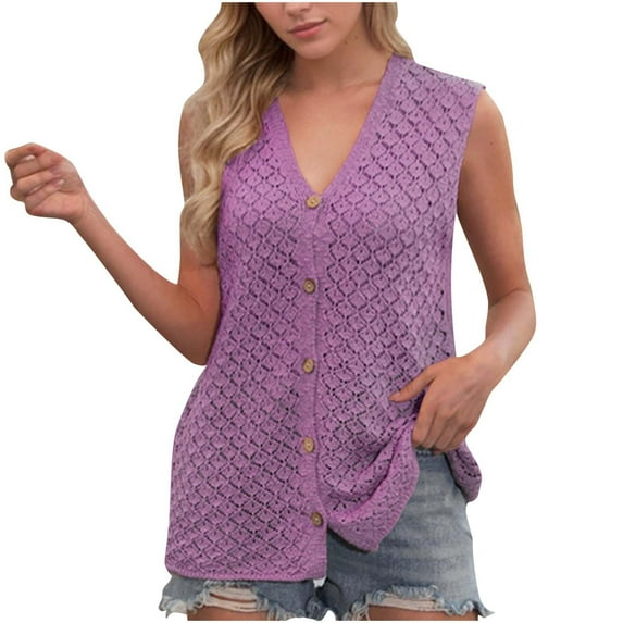 ABATAB Spring Summer Women Sweater Vest Casual Knit Sleeveless V Neck Button Down Hollow Out Fashion Tank Tops