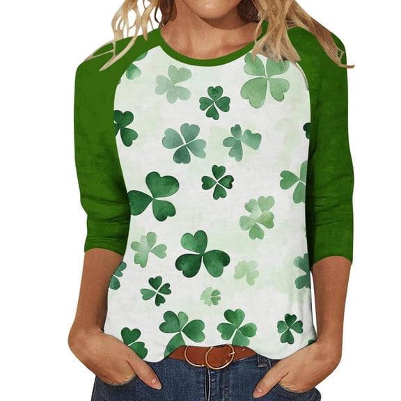 ABATAB St. Patrick's Day Plus Size 3/4 Length Sleeve Shirts for Women Shamrock Print Pullover Tops Casual Fashion Clothes