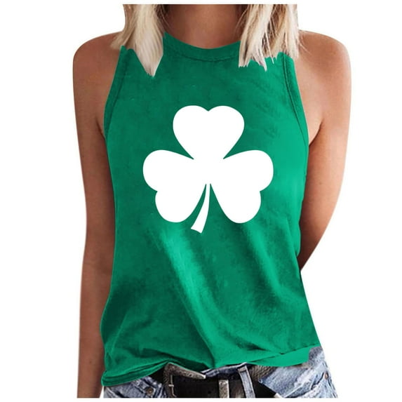 ABATAB St. Patrick's Day Shirt for Women Casual Crewneck Sleeveless Tank Tops Graphic Clover Tee