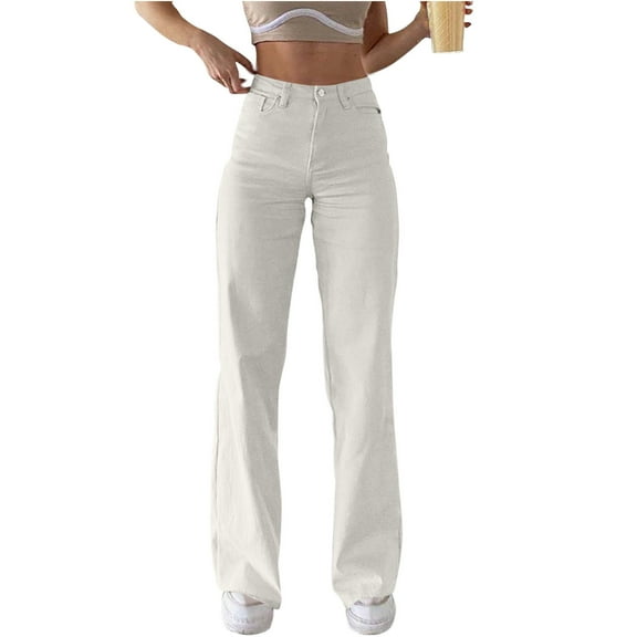 ABATAB Straight Leg Jeans for Women Woman Stretchy Classic High Waisted Denim Pants with Pockets Casual Work Dressy Pants(Medium,White)