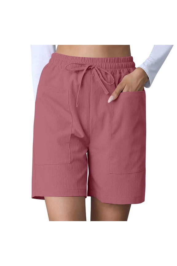 Straight Leg Shorts for Women Elastic High Waisted Drawstring Pleated Casual Loose Bermuda Shorts with Pockets
