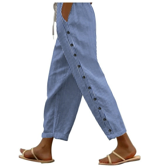 ABATAB Striped Cotton Linen Pants for Women Casual Wide Leg Drawstring Beach Pants Trendy Summer Vacation Travel Pants with Pockets(Small,Blue 2)