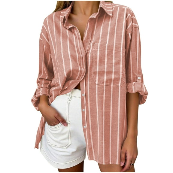 ABATAB Striped Jackets for Women Lightweight Cotton Linen Dressy Shacket Tops Basic Long Sleeve Button down Lapel Shirts with Pockets(X-Large,Pink)