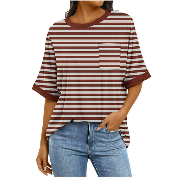 ABATAB Striped Shirts for Women Baggy Elbow Length Crew Neck Tunic Tops with Pockets Classic Graphic Printed Casual Tee Blouses(Large,Brown)