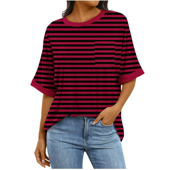 ABATAB Striped Shirts for Women Baggy Elbow Length Crew Neck Tunic Tops with Pockets Classic Graphic Printed Casual Tee Blouses(Medium,Wine)