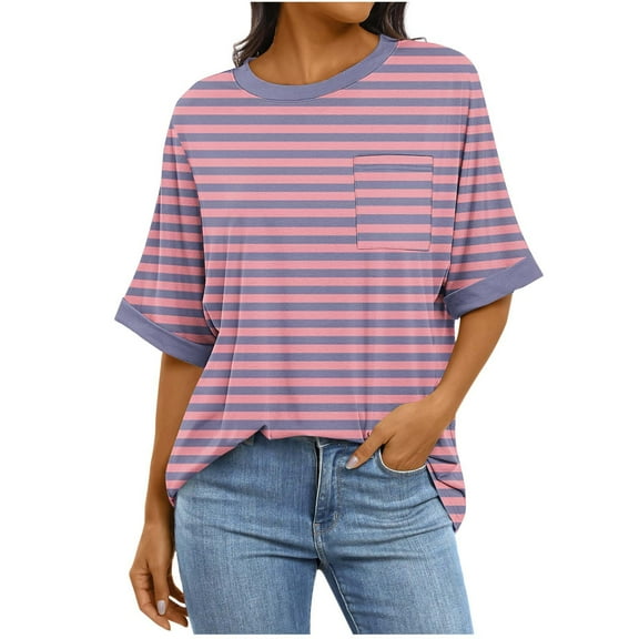 ABATAB Striped Shirts for Women Baggy Elbow Length Crew Neck Tunic Tops with Pockets Classic Graphic Printed Casual Tee Blouses(Small,Pink)