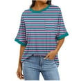 thumbnail image 1 of ABATAB Striped Shirts for Women Baggy Elbow Length Crew Neck Tunic Tops with Pockets Classic Graphic Printed Casual Tee Blouses(Small,Purple), 1 of 7