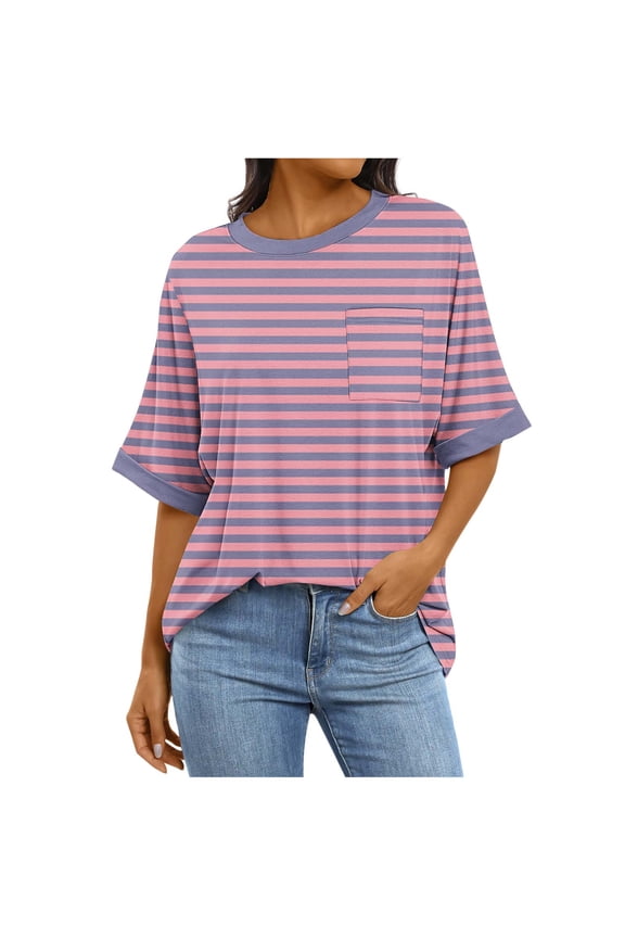 Striped Shirts for Women Baggy Elbow Length Crew Neck Tunic Tops with Pockets Classic Graphic Printed Casual Tee Blouses(X-Large,Pink)