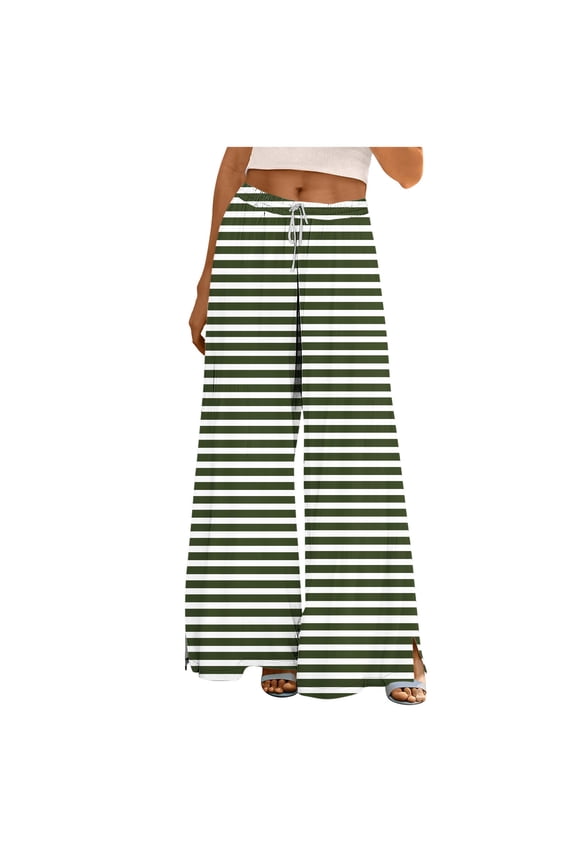 Striped Wide Leg Pants Woman Low Waisted Pull on Slacks Casual Side Splits Lounge Comfy Loose Fit Pants with Pockets
