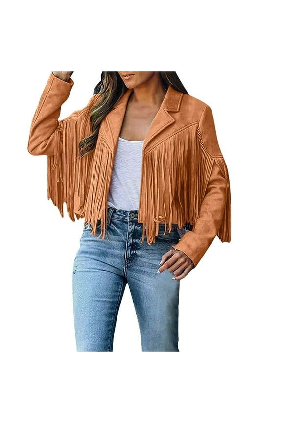 Suede Leather Jackets for Women Trendy Fall Long Sleeve Fringe Cropped Coats Trendy Notch Collar Tassel Outerwear(Medium,Orange)