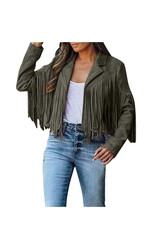 Suede Leather Jackets for Women Trendy Fall Long Sleeve Fringe Cropped Coats Trendy Notch Collar Tassel Outerwear(Small,Army Green)