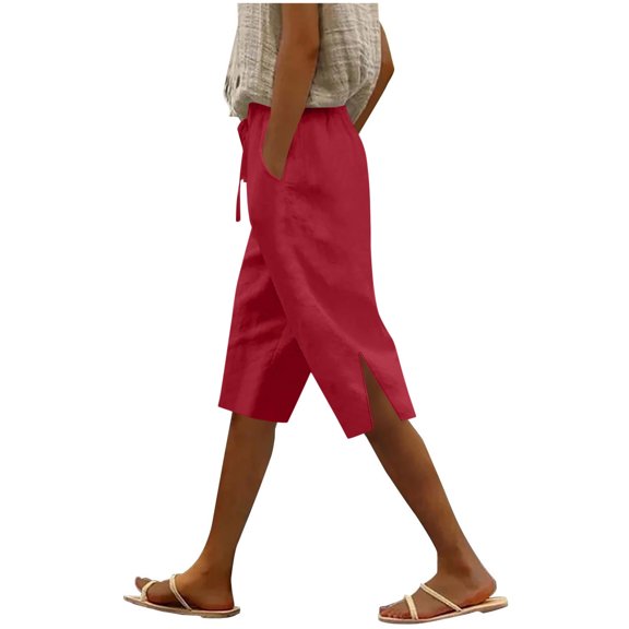 ABATAB Summer Capri Pants for Women Vacation Cotton Linen Capris Drawstring Side Split Lounge Trousers Clothes