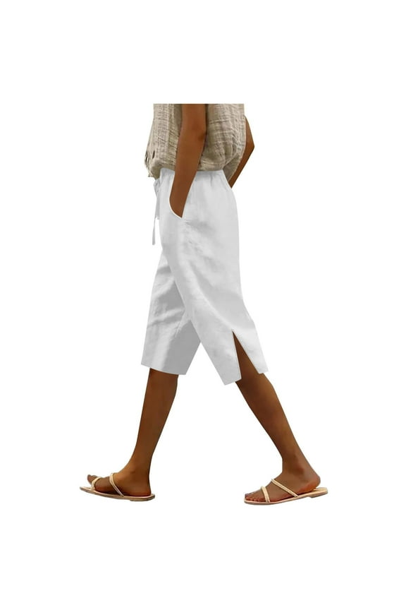 Summer Capri Pants for Women Vacation Cotton Linen Capris Drawstring Side Split Lounge Trousers Clothes