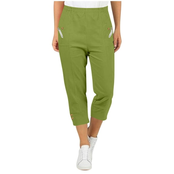 ABATAB Summer Capri Pants for Women Button Elastic Waisted Yoga Capris Casual Loose Fit Lounge Travel Crop Trousers with Pockets