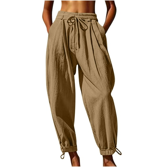 ABATAB Summer Capri Pants for Women Casual Drawstring Cotton Linen Pants Cinch Bottom Vacation Crop Pant with Pockets