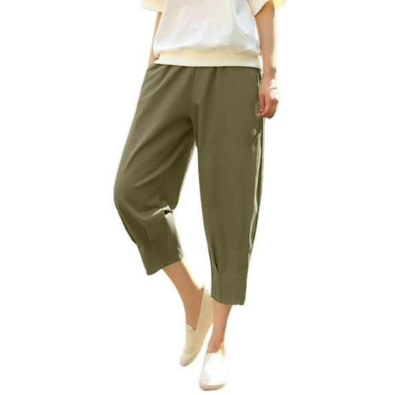 ABATAB Summer Capri Pants for Women Cotton Linen Loose Crop Trousers Solid Pull on Lounge Capri Pants with Pockets