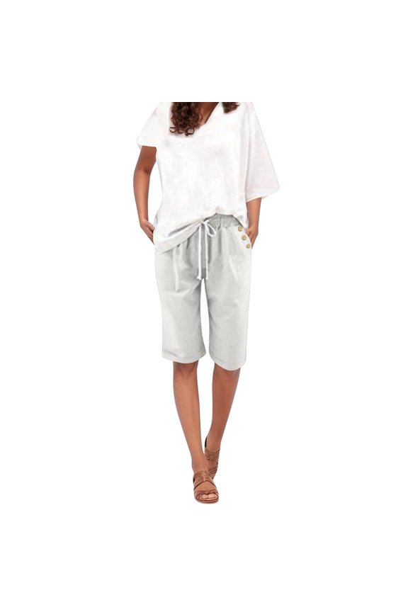 Summer Capri Pants for Women Cotton Linen Loose Cropped Trousers Button down Roll up Hem Casual Lounge Capris Pants