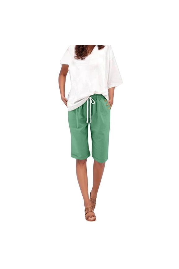 Summer Capri Pants for Women Cotton Linen Loose Cropped Trousers Button down Roll up Hem Casual Lounge Capris Pants