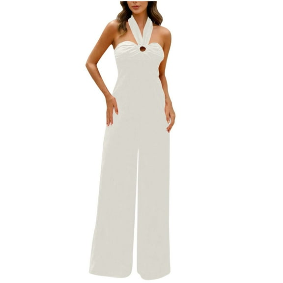 ABATAB Summer Jumpsuits for Women Dressy Casual One Piece Outfits Halter Sleeveless Wide Leg Long Pants Party Clubwear Rompers