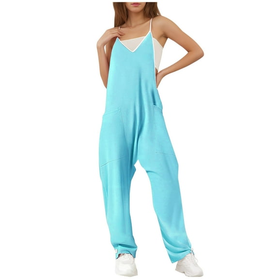 ABATAB Summer Jumpsuits for Women V-Neck Wide Leg Full Length Outfits Casual Loose Trendy Rompers with Deep Pockets