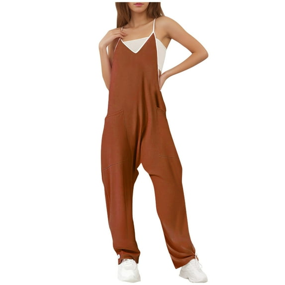 ABATAB Summer Jumpsuits for Women V-Neck Wide Leg Full Length Outfits Casual Loose Trendy Rompers with Deep Pockets 2025