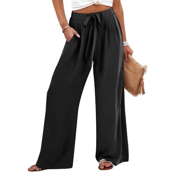 ABATAB Summer Palazzo Pants for Women Cotton Linen Drawstring Work Pants Wide Leg Lightweight Beach Fashion Trousers with Pockets