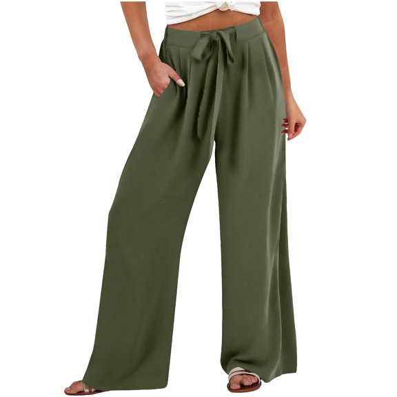 ABATAB Summer Palazzo Pants for Women Cotton Linen Drawstring Work Pants Wide Leg Lightweight Beach Fashion Trousers with Pockets