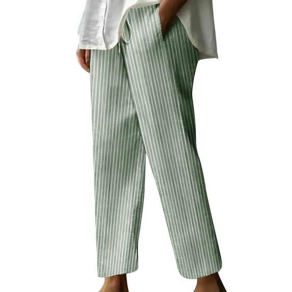 ABATAB Summer Pants for Women 2025 Loose Fit Striped Cotton Linen Pants Lounge Elastic Waisted Fashion Pants with Pockets